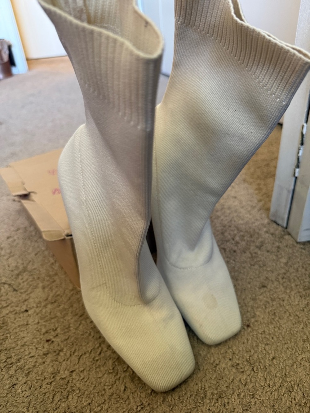 Zara Cream Stretch Knit Square-Toe Ankle Booties